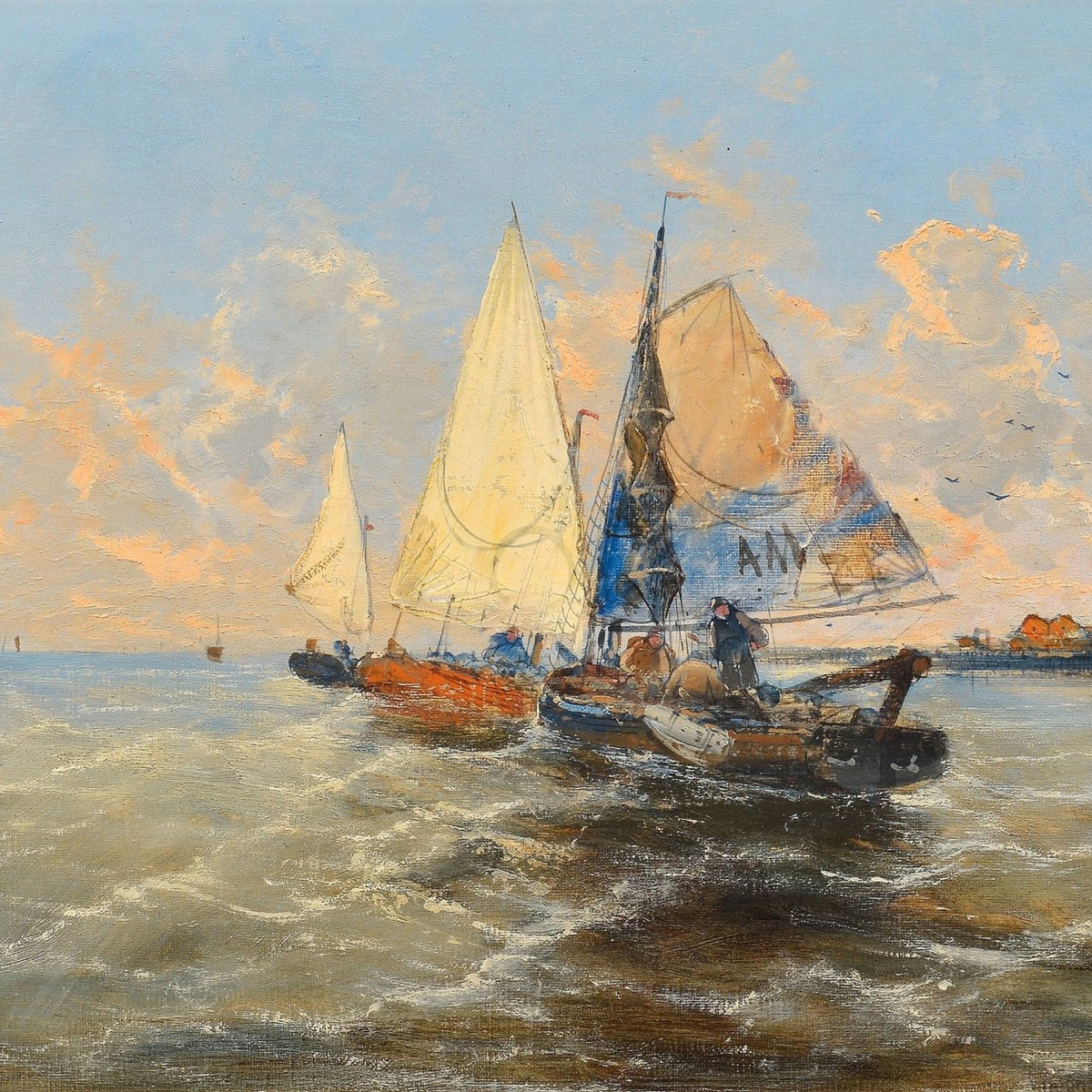 Hand-painted harbor sailboats returning at sunset nautical oil painting on canvas