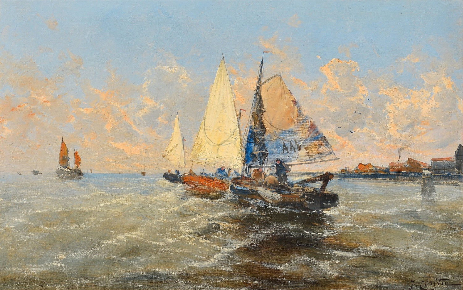 Hand-painted harbor sailboats returning at sunset nautical oil painting on canvas
