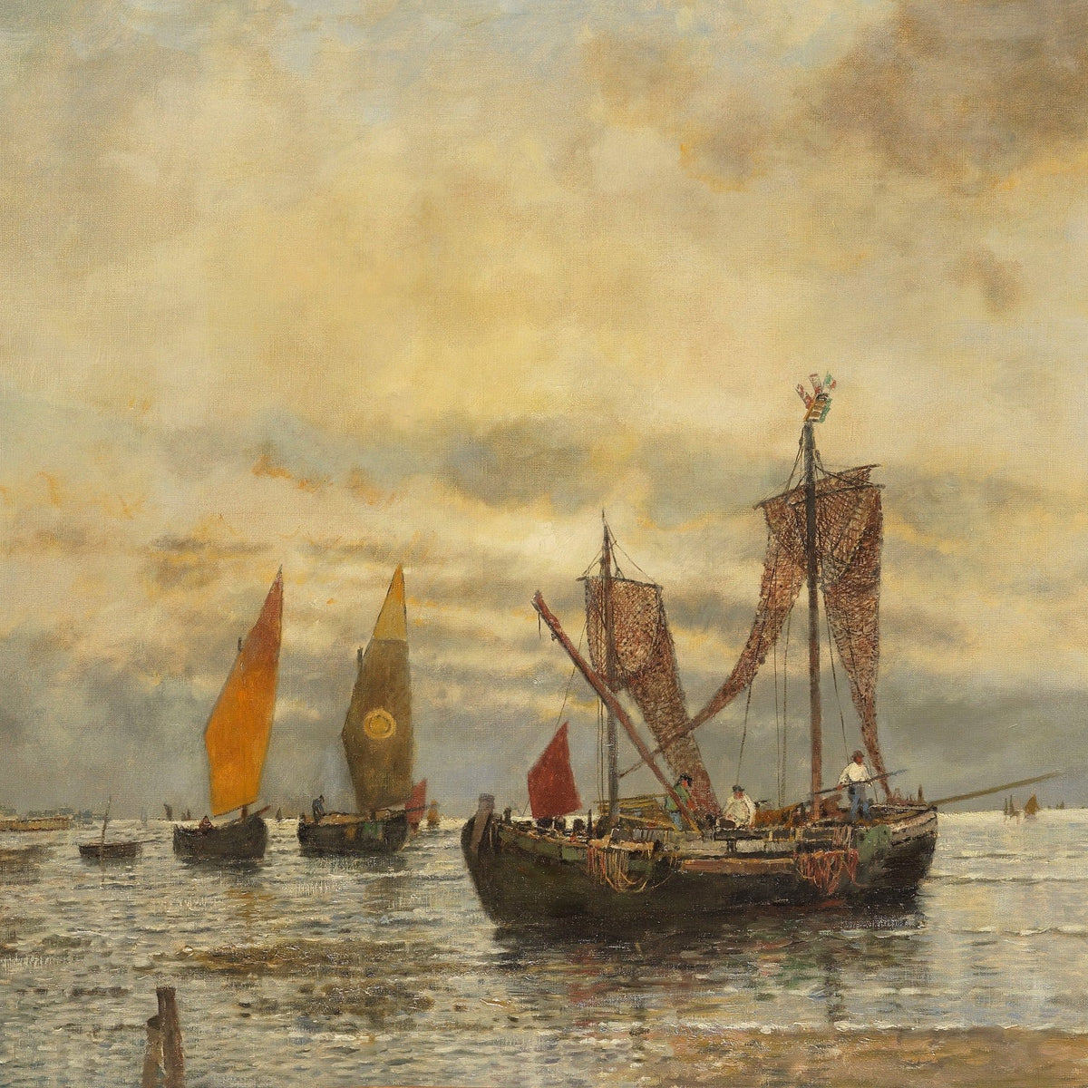 Hand-painted harbor sailboats at sunset nautical oil painting on canvas