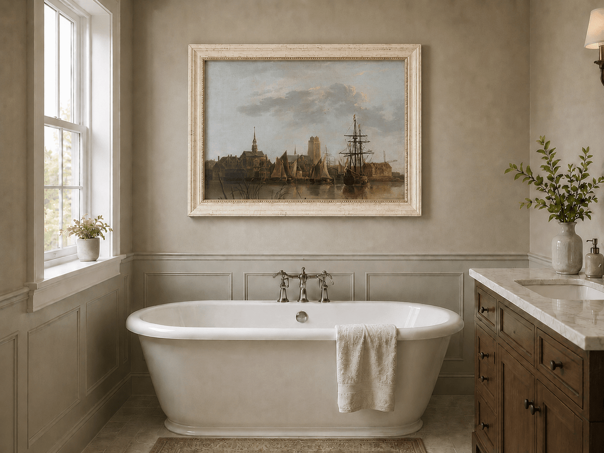 Framed hand-painted harbor view oil painting with sailing ships beneath a sunset sky displayed above a freestanding bathtub.