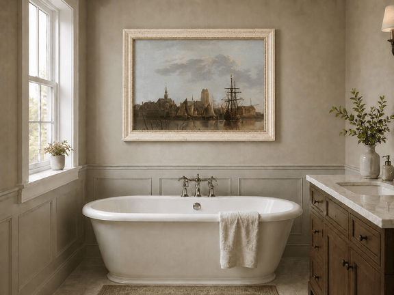 Framed hand-painted harbor view oil painting with sailing ships beneath a sunset sky displayed above a freestanding bathtub.