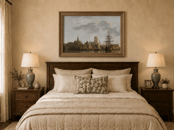 Framed hand-painted harbor view oil painting with sailing ships beneath a sunset sky displayed above a wooden bed in a neutral bedroom.
