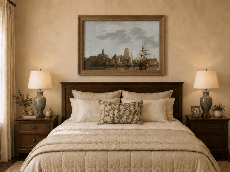 Framed hand-painted harbor view oil painting with sailing ships beneath a sunset sky displayed above a wooden bed in a neutral bedroom.