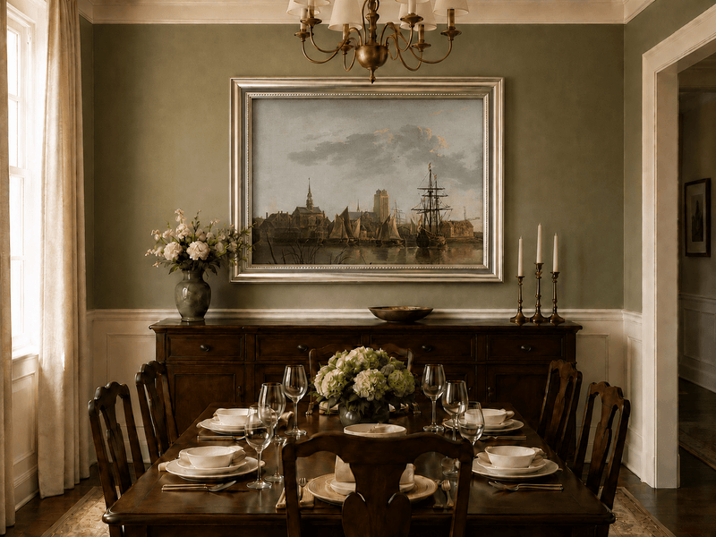 Framed hand-painted harbor view oil painting with sailing ships beneath a sunset sky displayed above a formal dining table.