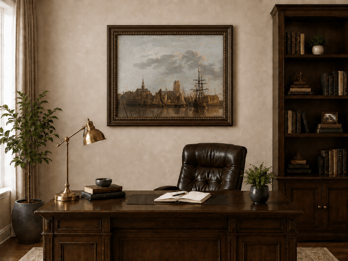 Framed hand-painted harbor view oil painting with sailing ships beneath a sunset sky displayed above a traditional home office desk.