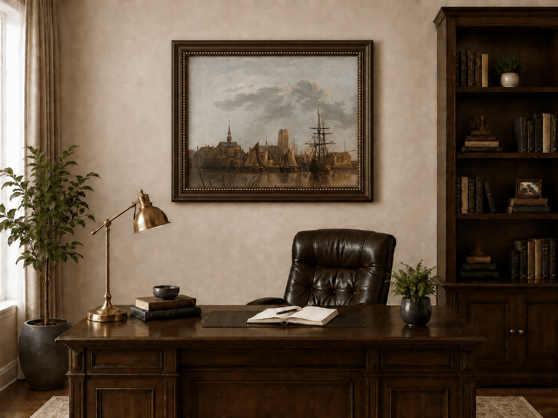 Framed hand-painted harbor view oil painting with sailing ships beneath a sunset sky displayed above a traditional home office desk.