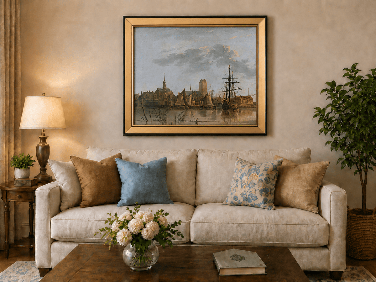 Framed hand-painted harbor view oil painting with sailing ships beneath a sunset sky displayed above a neutral living room sofa.