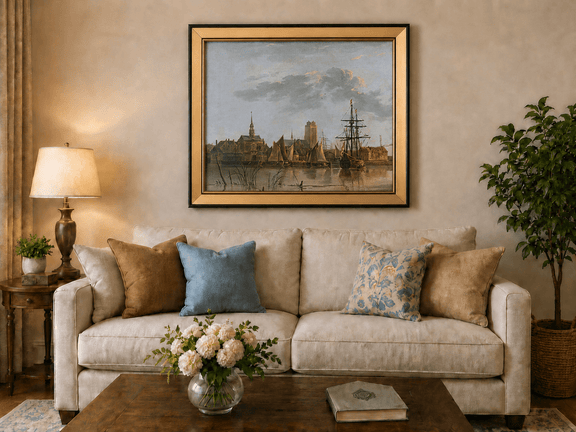 Framed hand-painted harbor view oil painting with sailing ships beneath a sunset sky displayed above a neutral living room sofa.