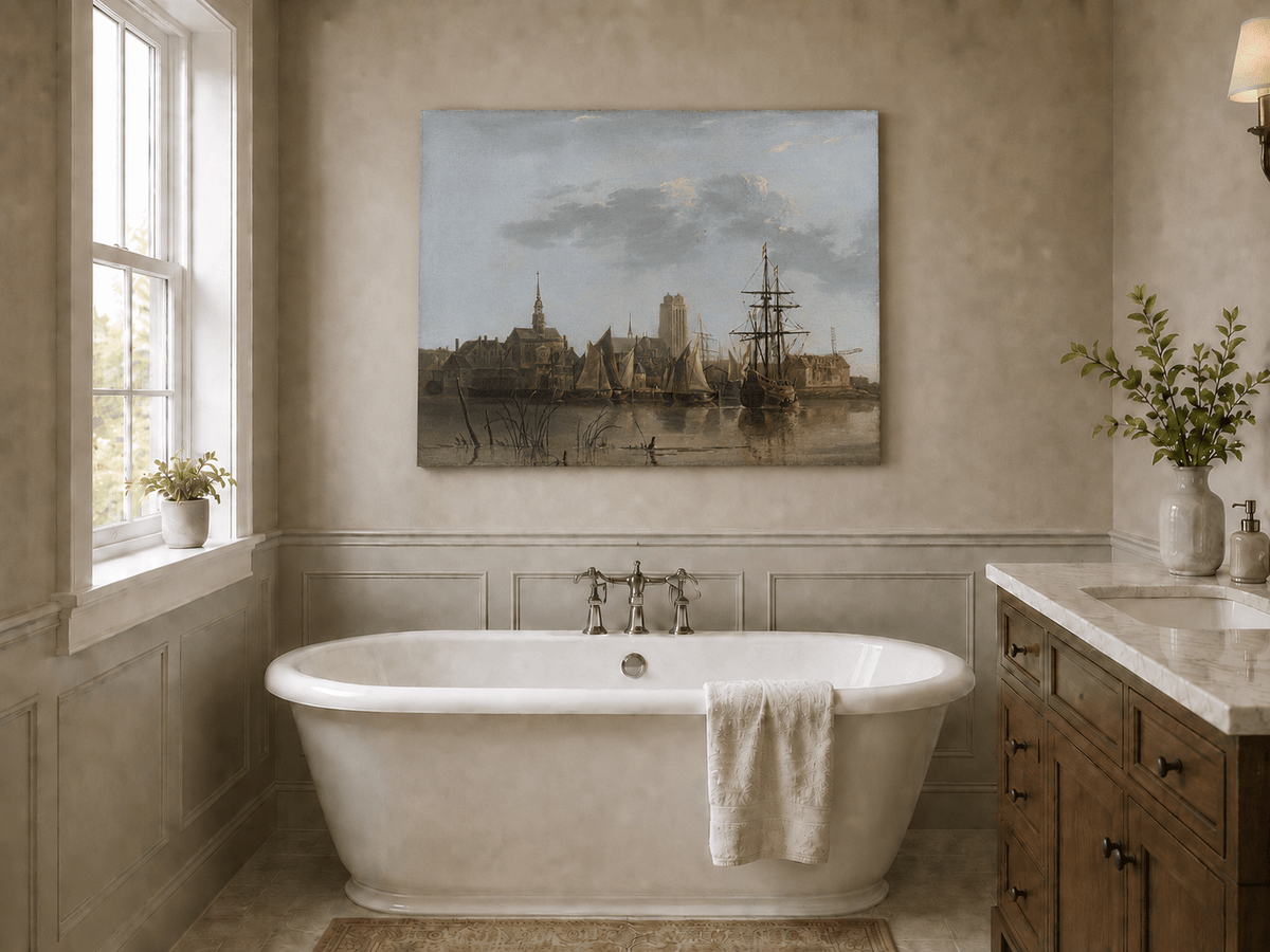 Unframed hand-painted harbor view oil painting with sailing ships beneath a sunset sky displayed above a freestanding bathtub.