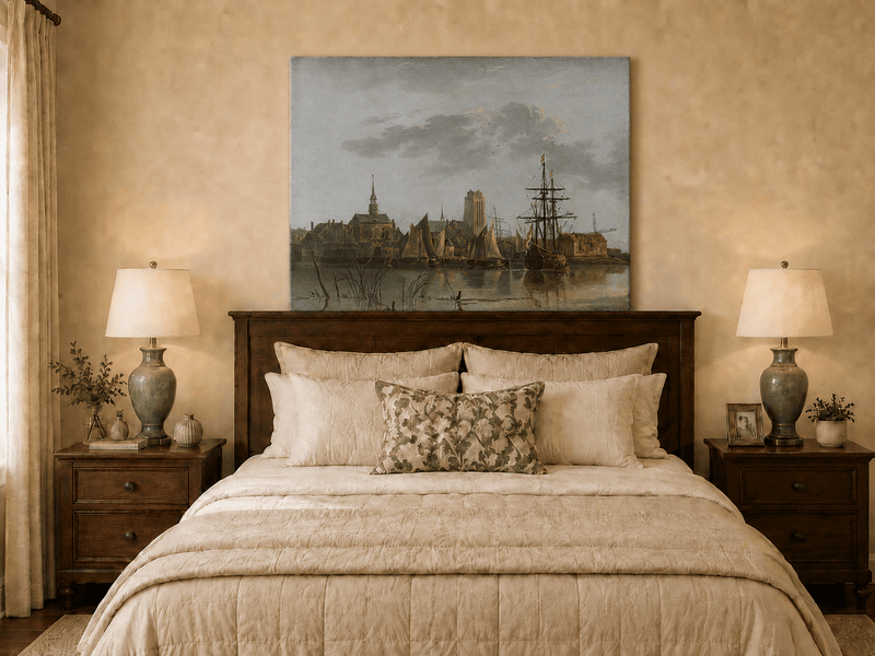Unframed hand-painted harbor view oil painting with sailing ships beneath a sunset sky displayed above a wooden bed in a neutral bedroom.