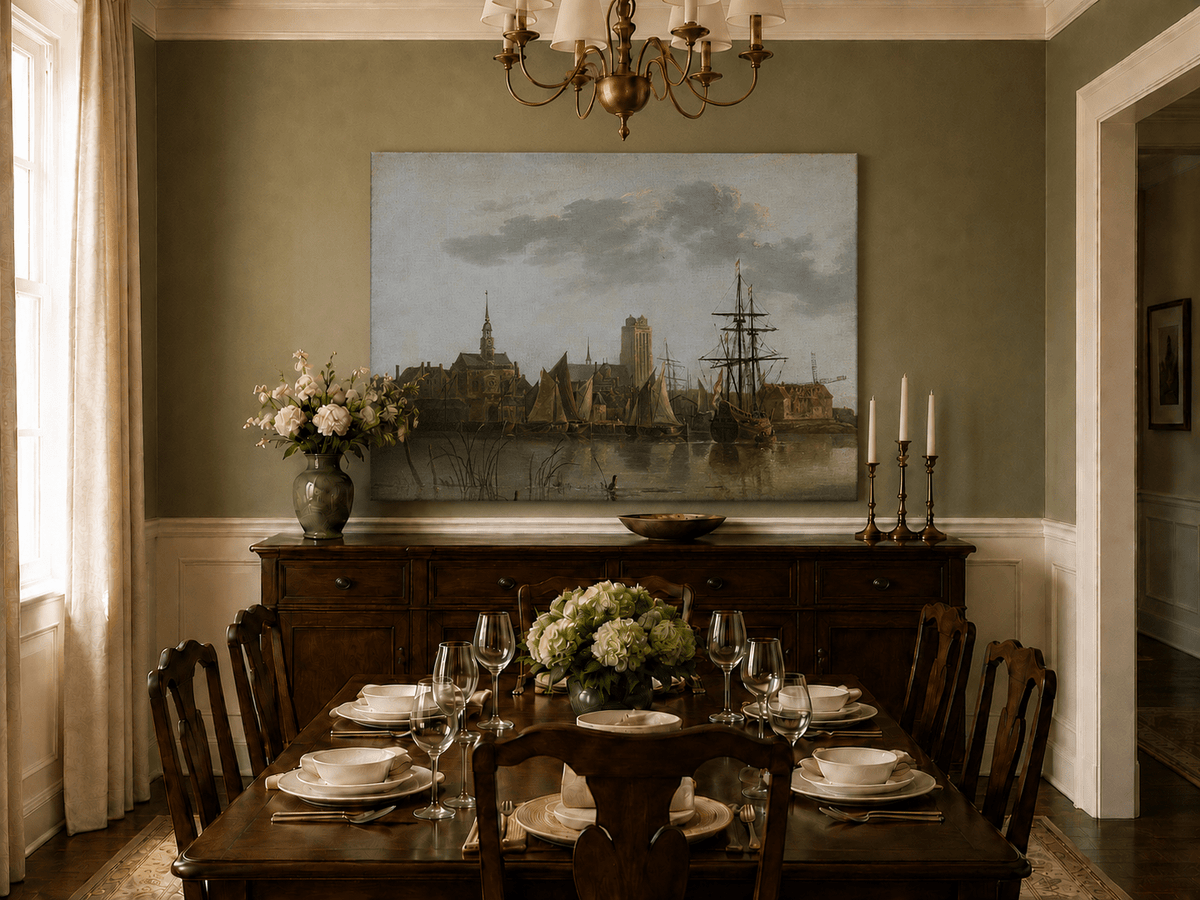 Unframed hand-painted harbor view oil painting with sailing ships beneath a sunset sky displayed above a formal dining table.
