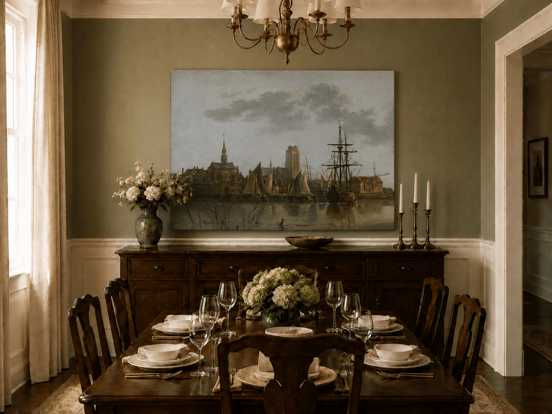 Unframed hand-painted harbor view oil painting with sailing ships beneath a sunset sky displayed above a formal dining table.