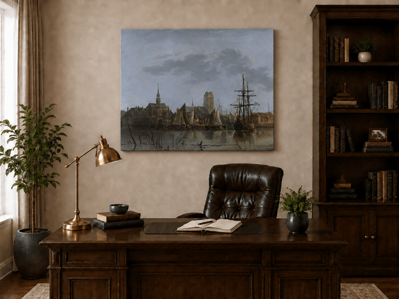 Unframed hand-painted harbor view oil painting with sailing ships beneath a sunset sky displayed above a traditional home office desk.