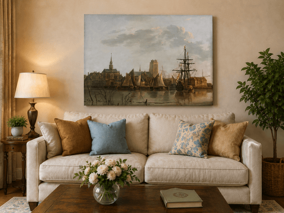 Unframed hand-painted harbor view oil painting with sailing ships beneath a sunset sky displayed above a neutral living room sofa.