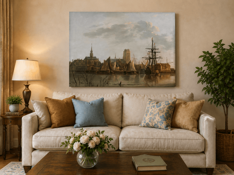 Unframed hand-painted harbor view oil painting with sailing ships beneath a sunset sky displayed above a neutral living room sofa.