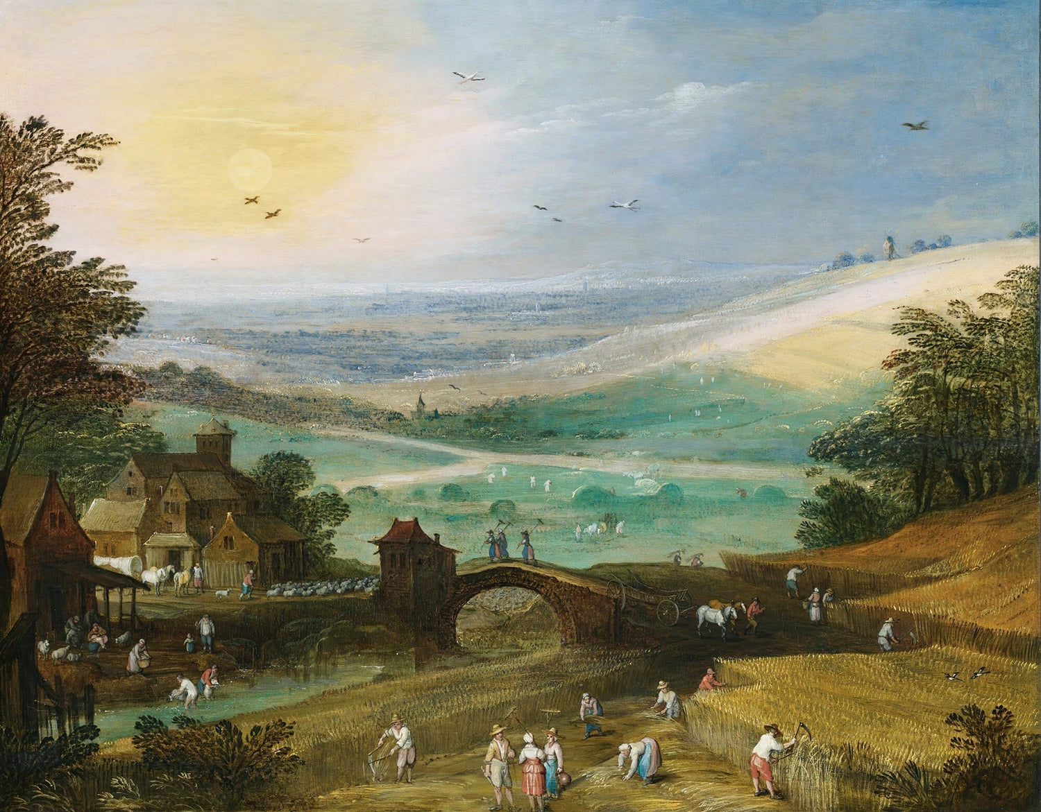 Harvest Countryside with Village Bridge - Landscape Oil Painting - Oil Painting Haven