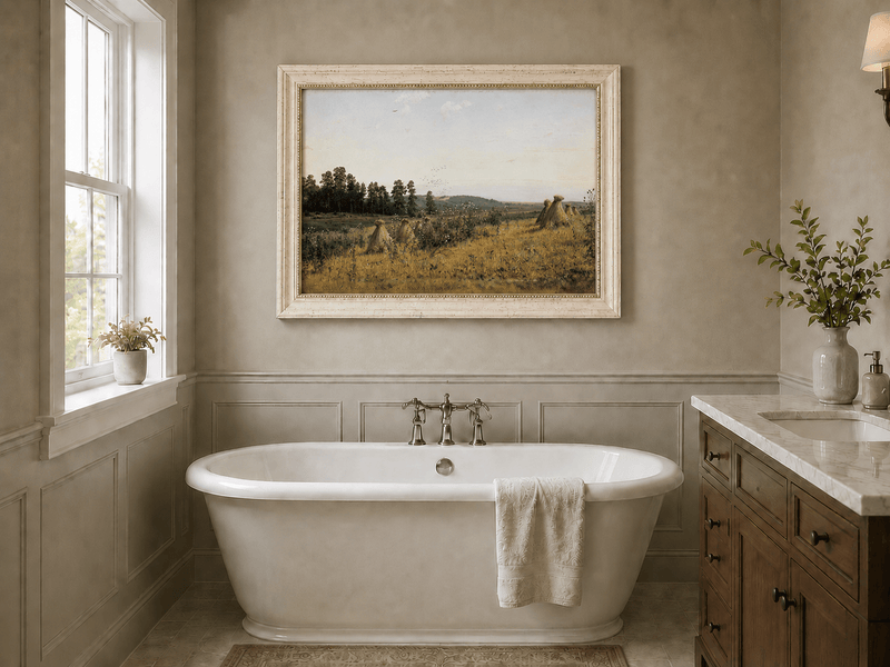 Framed hand-painted harvest field oil painting with haystacks and distant farm workers displayed above a freestanding bathtub.