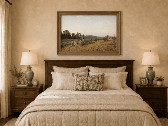 Framed hand-painted harvest field oil painting with haystacks and distant farm workers displayed above a wooden bed in a neutral bedroom.