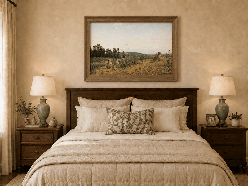 Framed hand-painted harvest field oil painting with haystacks and distant farm workers displayed above a wooden bed in a neutral bedroom.