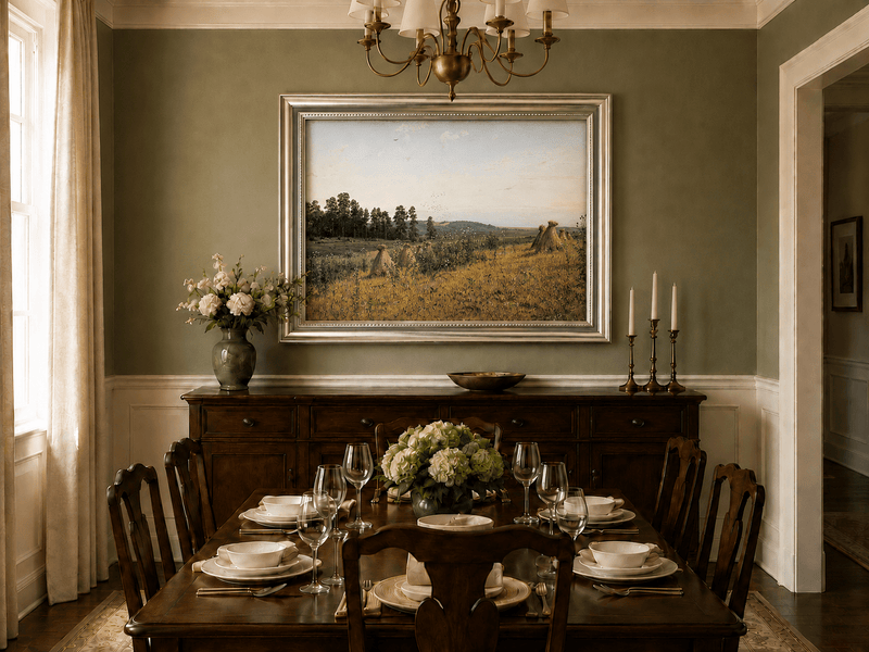 Framed hand-painted harvest field oil painting with haystacks and distant farm workers displayed above a formal dining table.