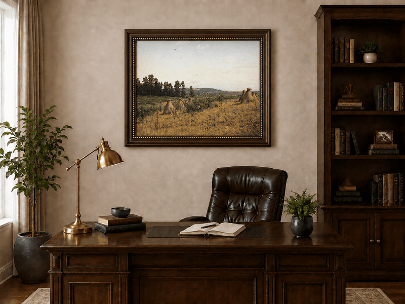 Framed hand-painted harvest field oil painting with haystacks and distant farm workers displayed above a traditional home office desk.