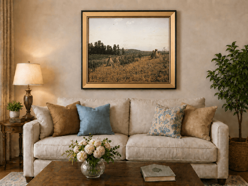 Framed hand-painted harvest field oil painting with haystacks and distant farm workers displayed above a neutral living room sofa.