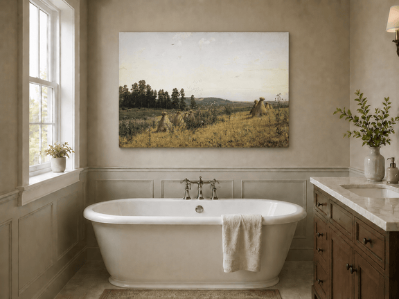 Unframed hand-painted harvest field oil painting with haystacks and distant farm workers displayed above a freestanding bathtub.
