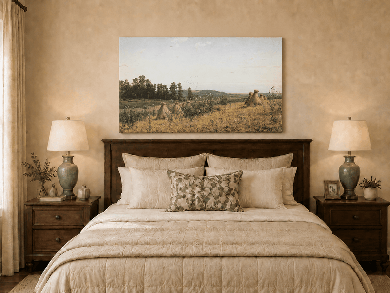 Unframed hand-painted harvest field oil painting with haystacks and distant farm workers displayed above a wooden bed in a neutral bedroom.