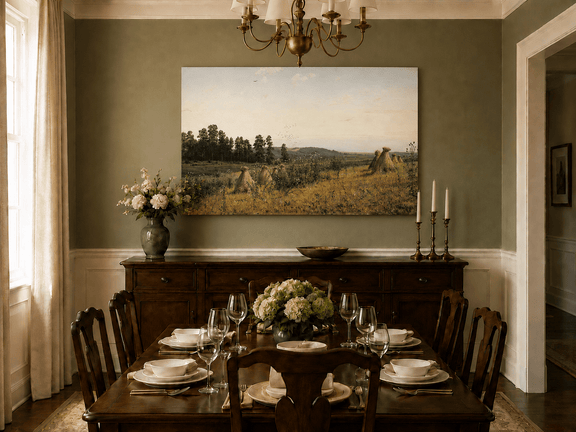 Unframed hand-painted harvest field oil painting with haystacks and distant farm workers displayed above a formal dining table.