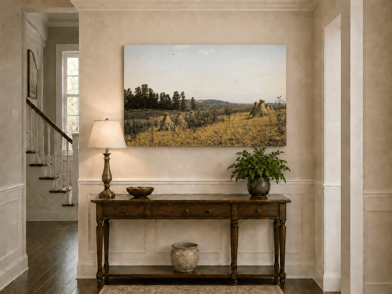 Unframed hand-painted harvest field oil painting with haystacks and distant farm workers displayed above an entryway console table.