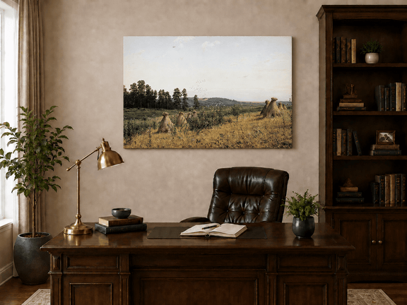 Unframed hand-painted harvest field oil painting with haystacks and distant farm workers displayed above a traditional home office desk.