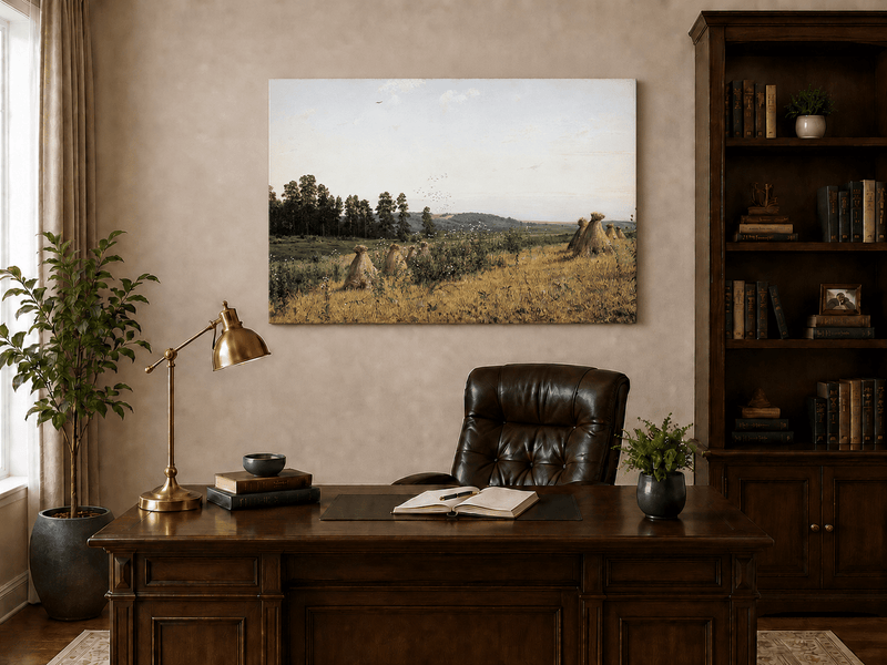 Unframed hand-painted harvest field oil painting with haystacks and distant farm workers displayed above a traditional home office desk.