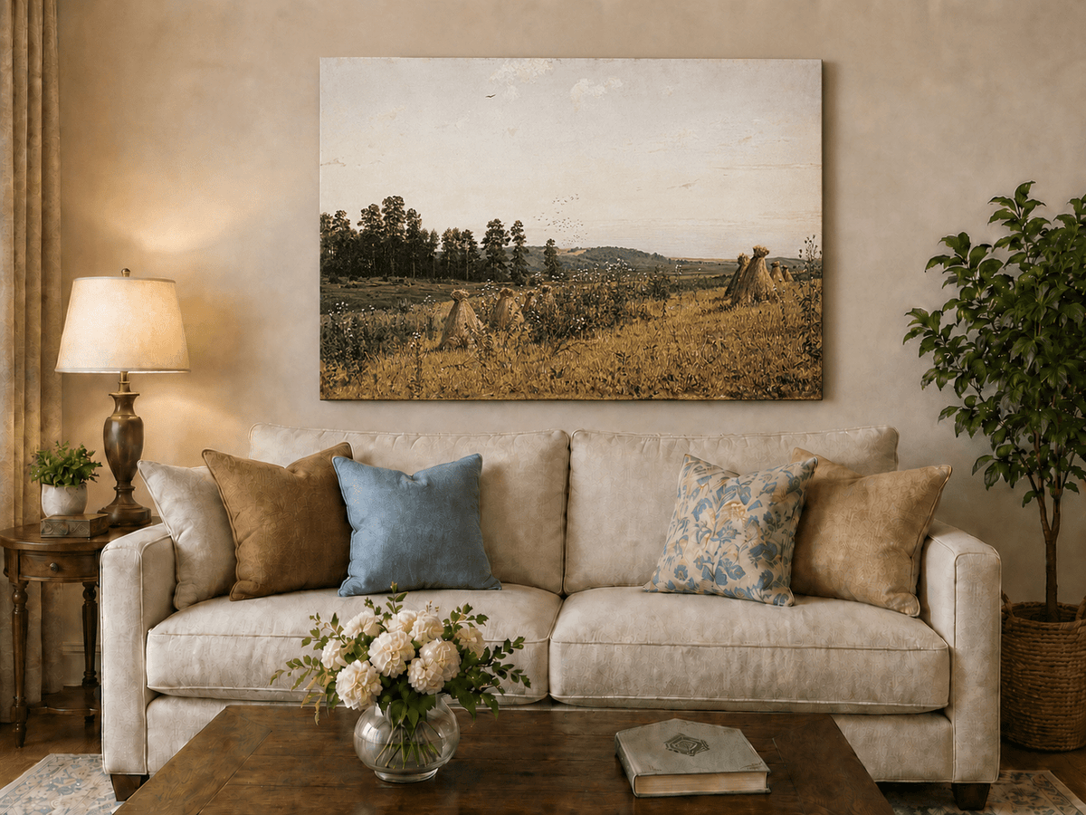 Unframed hand-painted harvest field oil painting with haystacks and distant farm workers displayed above a neutral living room sofa.