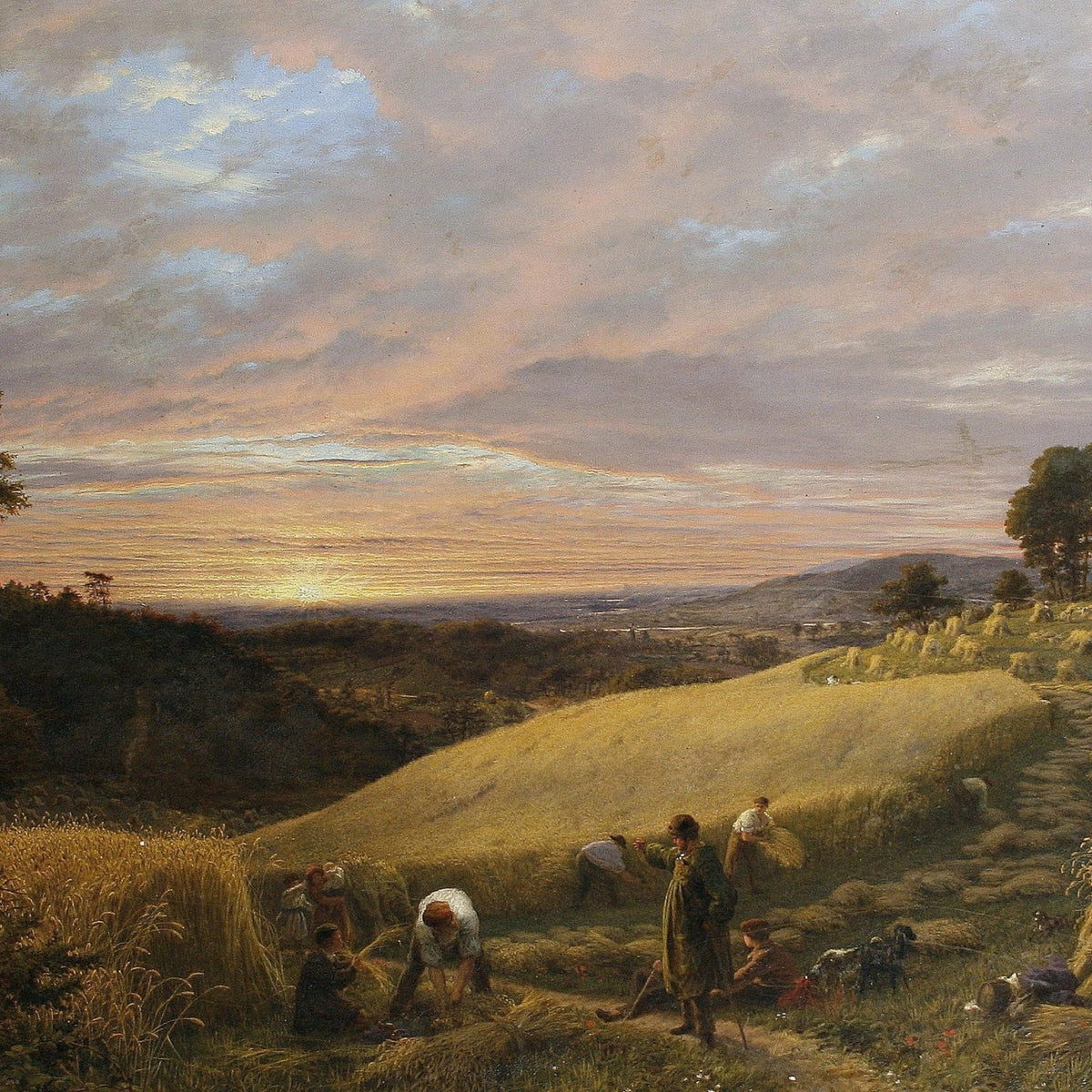 Harvest Fields at Sunset, Figures – Hand - Painted Landscape Oil Painting - Oil Painting Haven