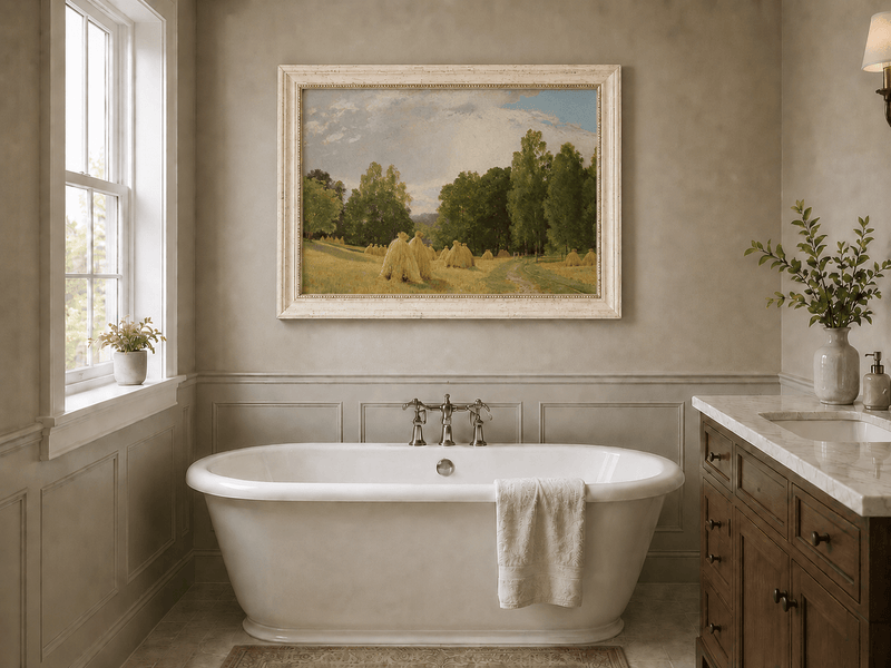 Framed hand-painted harvest field oil painting with haystacks and a tree-lined path displayed above a freestanding bathtub.