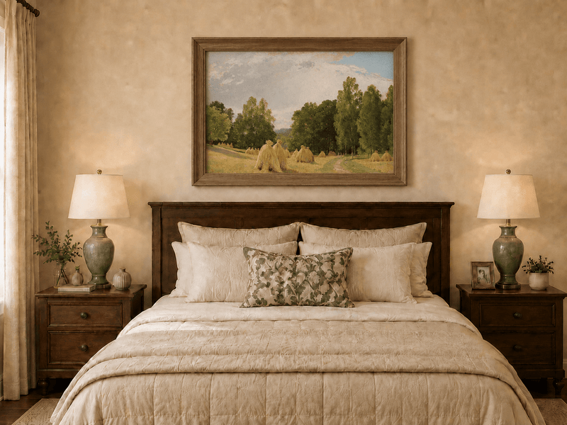 Framed hand-painted harvest field oil painting with haystacks and a tree-lined path displayed above a wooden bed in a neutral bedroom.