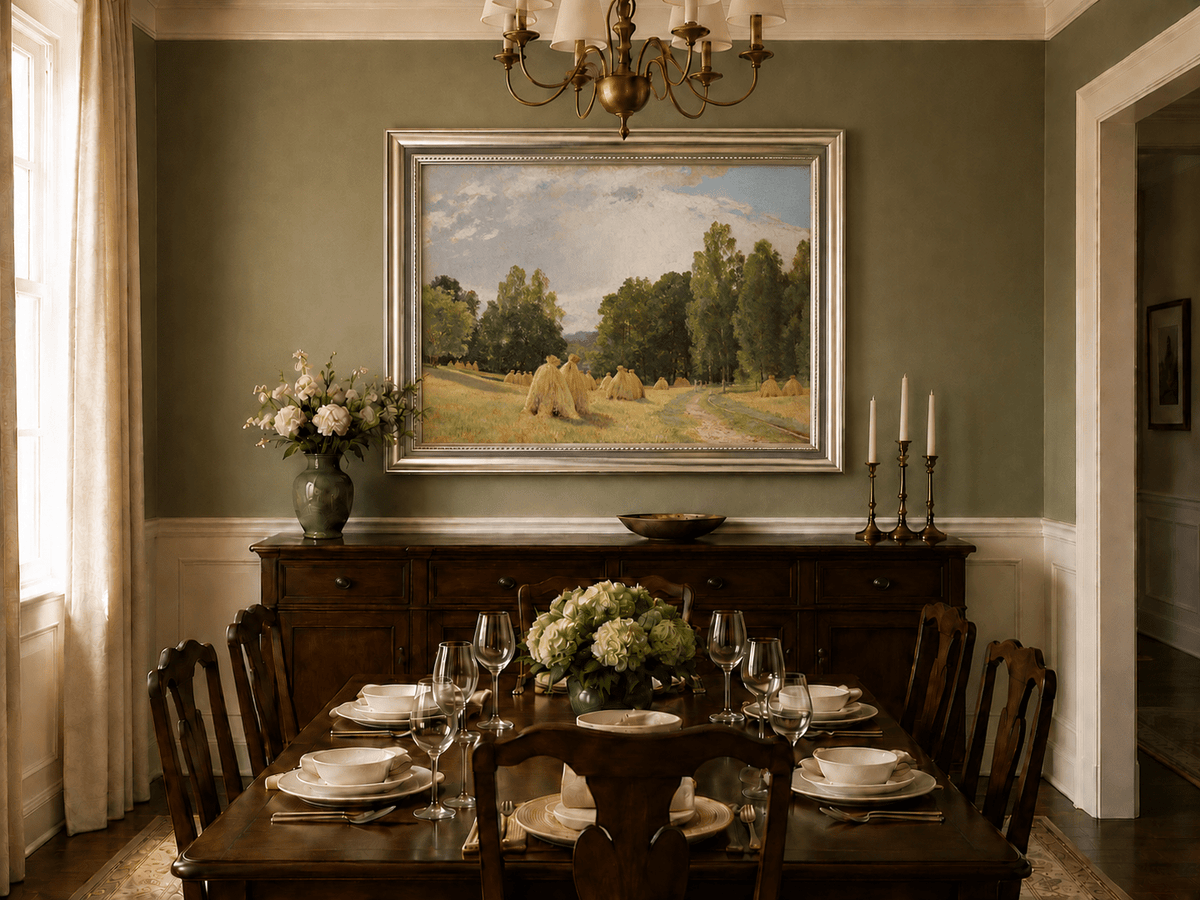 Framed hand-painted harvest field oil painting with haystacks and a tree-lined path displayed above a formal dining table.