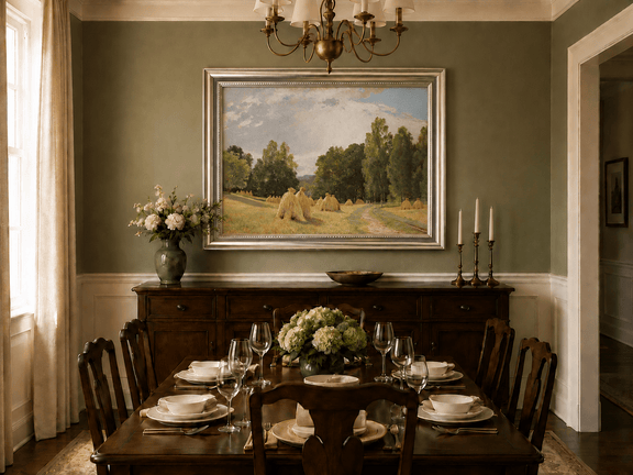 Framed hand-painted harvest field oil painting with haystacks and a tree-lined path displayed above a formal dining table.