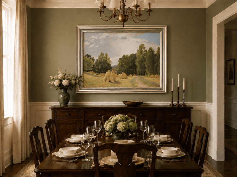 Framed hand-painted harvest field oil painting with haystacks and a tree-lined path displayed above a formal dining table.