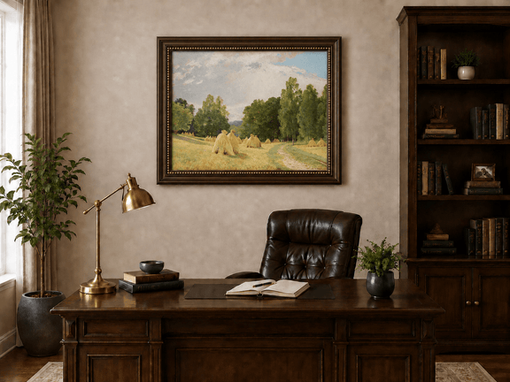 Framed hand-painted harvest field oil painting with haystacks and a tree-lined path displayed above a traditional home office desk.