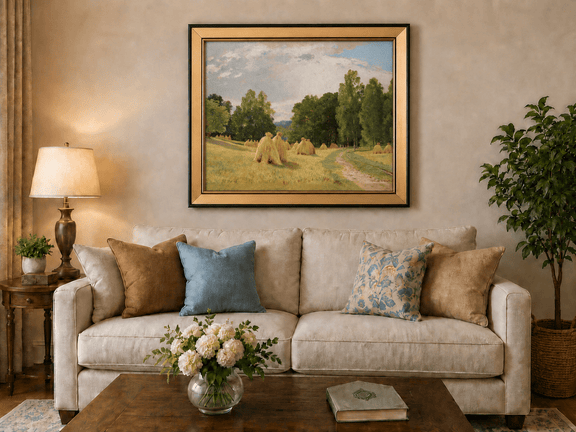 Framed hand-painted harvest field oil painting with haystacks and a tree-lined path displayed above a neutral living room sofa.