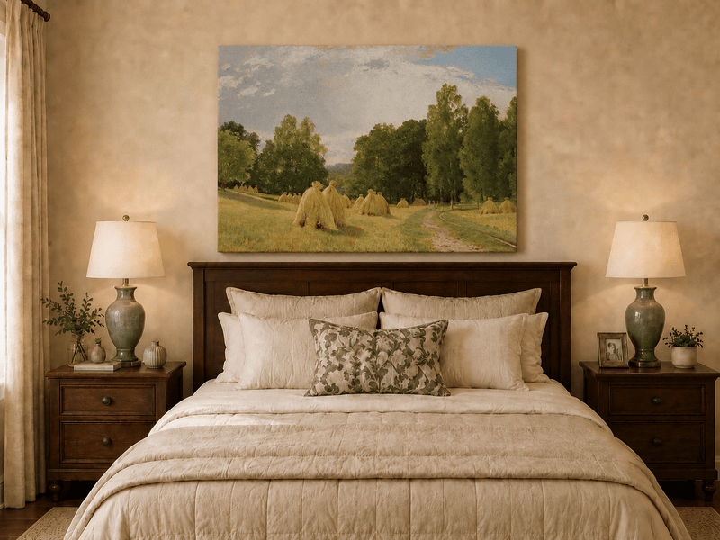 Unframed hand-painted harvest field oil painting with haystacks and a tree-lined path displayed above a wooden bed in a neutral bedroom.