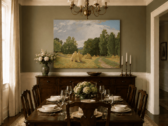 Unframed hand-painted harvest field oil painting with haystacks and a tree-lined path displayed above a formal dining table.