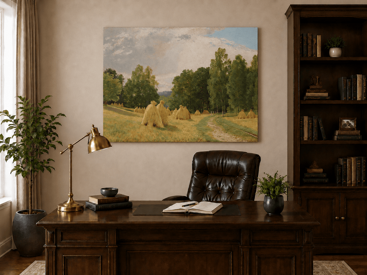Unframed hand-painted harvest field oil painting with haystacks and a tree-lined path displayed above a traditional home office desk.