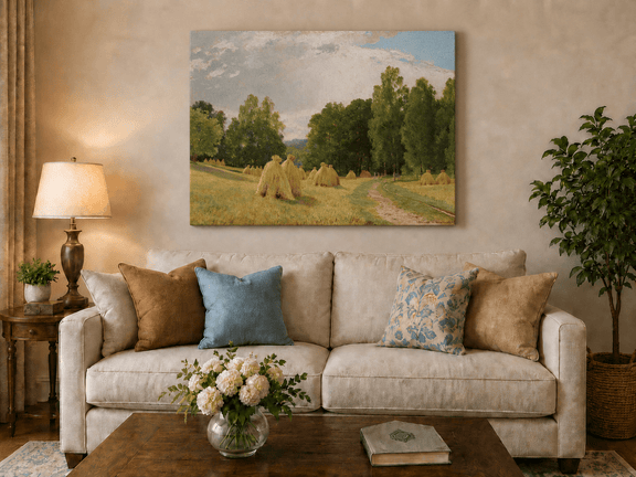 Unframed hand-painted harvest field oil painting with haystacks and a tree-lined path displayed above a neutral living room sofa.