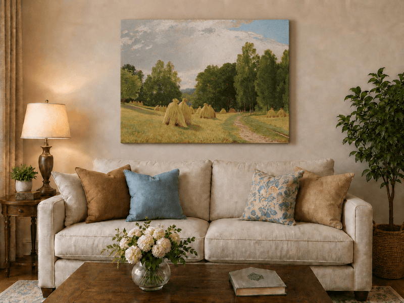 Unframed hand-painted harvest field oil painting with haystacks and a tree-lined path displayed above a neutral living room sofa.