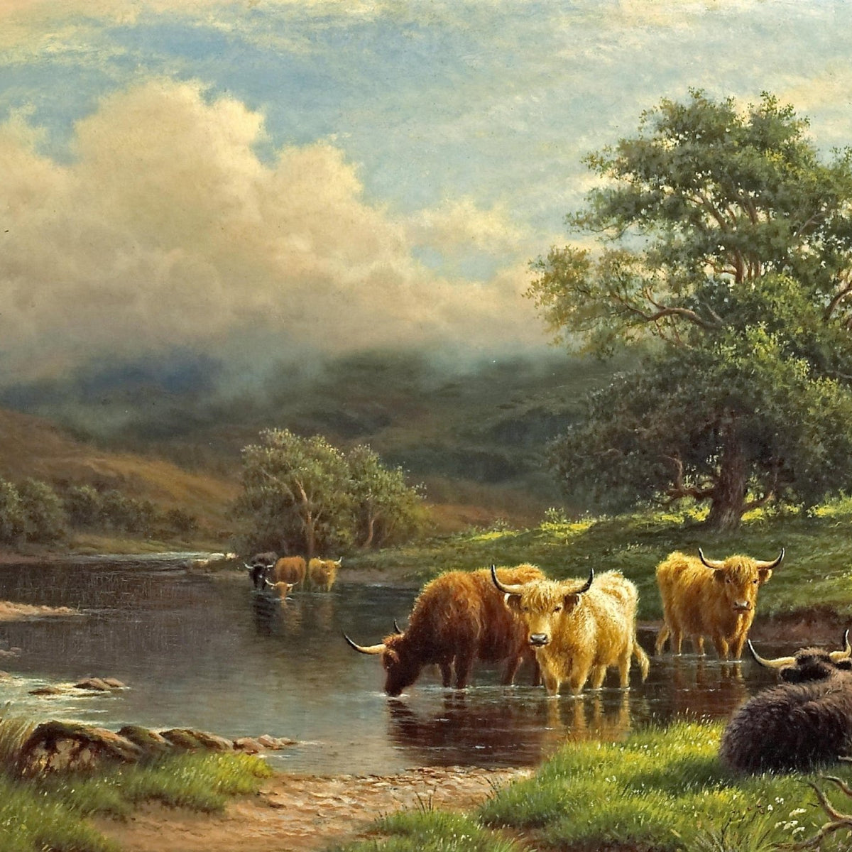 Highland Cattle by the River | Hand - Painted Landscape Oil Painting - Oil Painting Haven