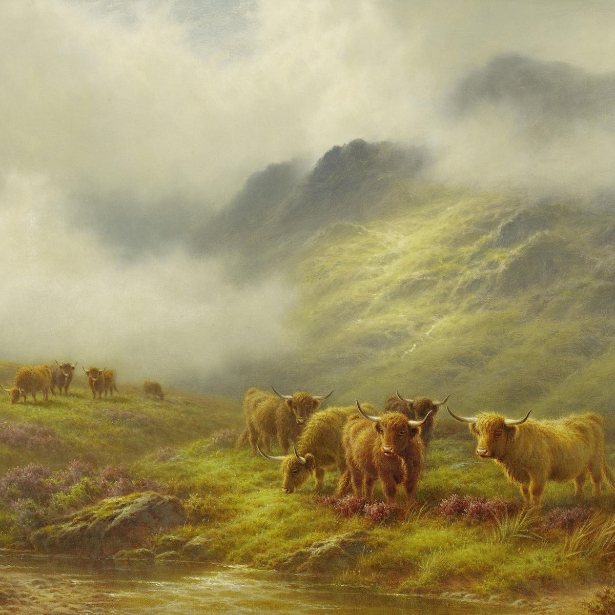 Highland Cattle in Misty Hills | Hand - Painted Landscape Oil Painting - Oil Painting Haven
