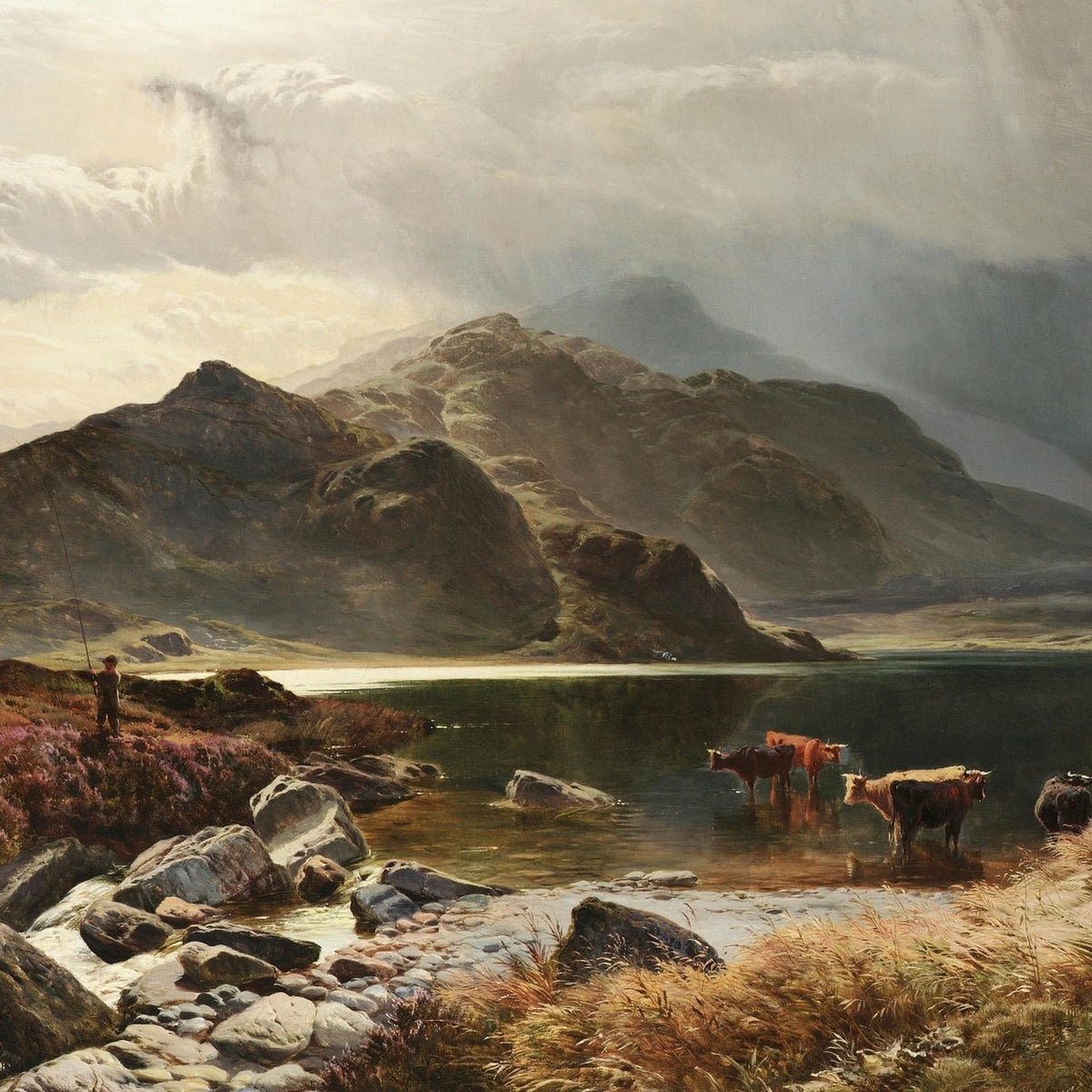 Highland Lake, Cattle, Dramatic Mountains – Landscape Oil Painting - Oil Painting Haven