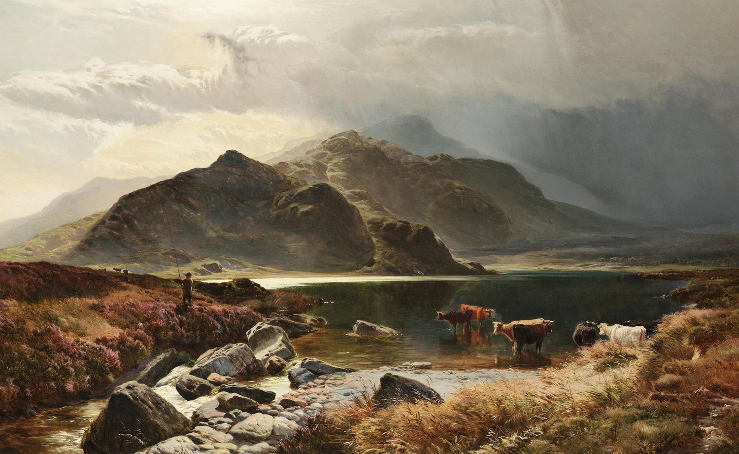 Highland Lake, Cattle, Dramatic Mountains – Landscape Oil Painting - Oil Painting Haven